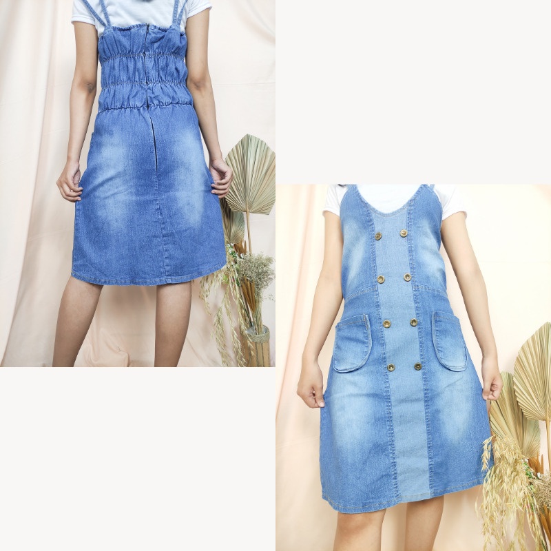 SB Collection Overall Dress Midi Dinni Pendek Jeans Jumpsuit Wanita Biru Tua dan Muda