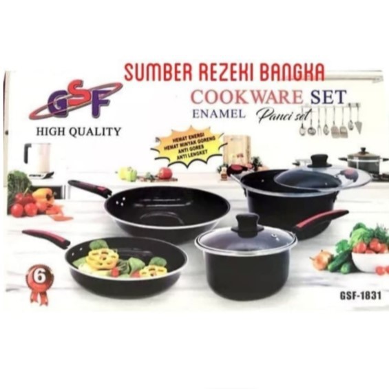 Panci Set GSF 1831 Enamel 6 pc Set Tutup Kaca Cookware