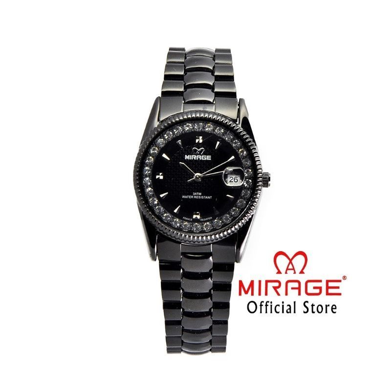 JAM TANGAN WANITA MIRAGE 1580L ORIGINAL FULL BLACK WATER PROFF