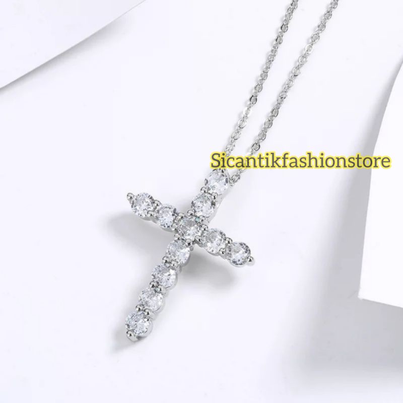 Kalung Salib Silver Kalung Titanium Liontin Salib Terlaris Anti Karat Tidak Luntur Fashion Wanita