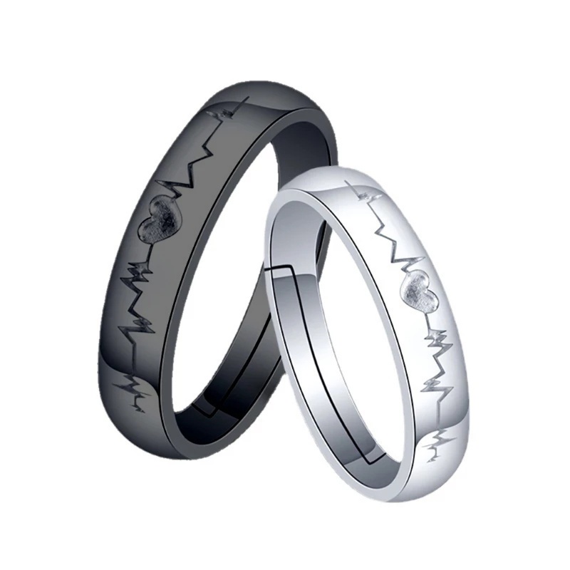 Cincin Pasangan Motif Tulisan ECG Forever Love Warna Hitam / Putih Untuk Pria / Wanita
