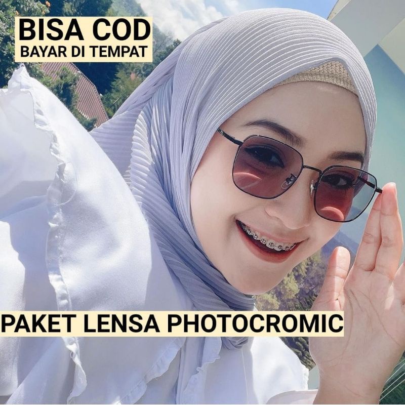 Kacamata Wanita Kotak Besar Lensa Minus Photocromic Anti Radiasi