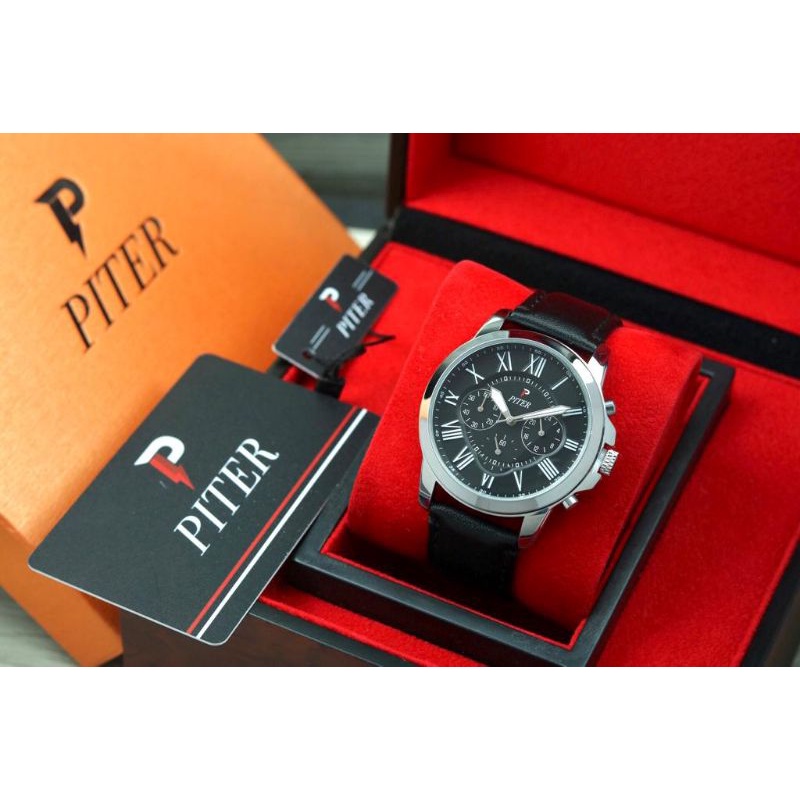 ( COD ) Jam Tangan Pria Sport PITER 9201 PW Chrono Aktif Tali Kulit Terbaru Original
