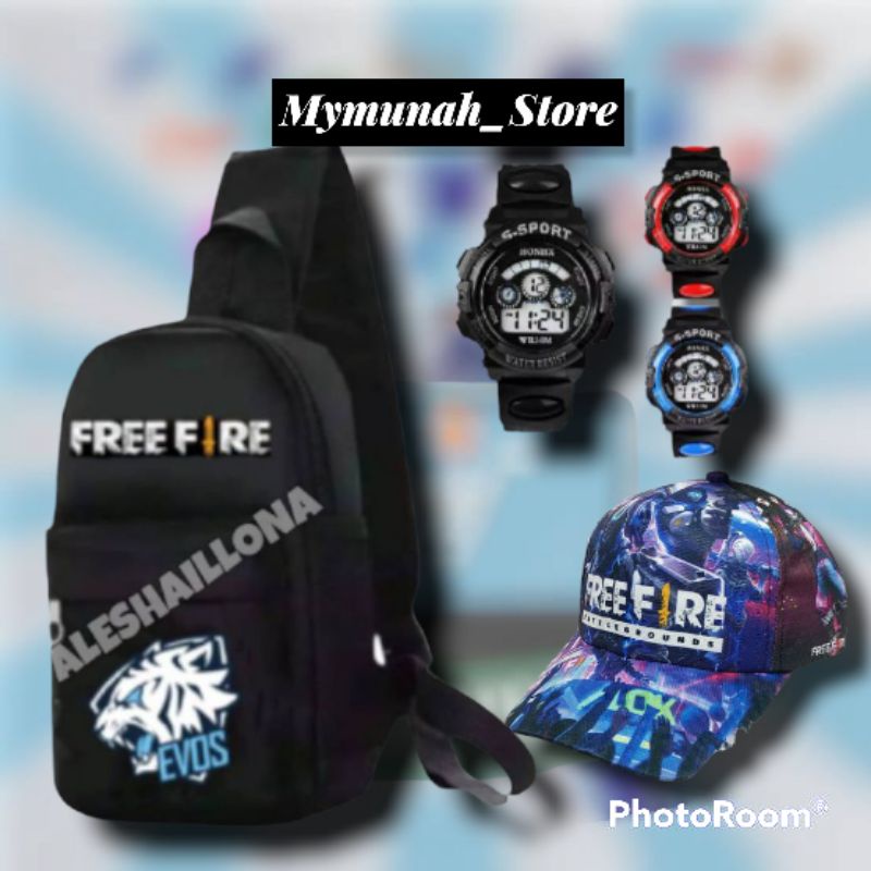 WAISTBAG/Tas selempang/tas bahu/tas pinggang anak laki-laki karakter FREE FIRE/gratis jam sport anak