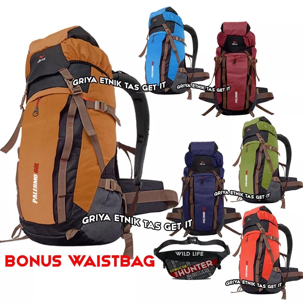 Keril Gunung 60liter Ori Elbrus FREE RAIN COVER Ransel Carrier Jumbo Camping Hiking Palermo