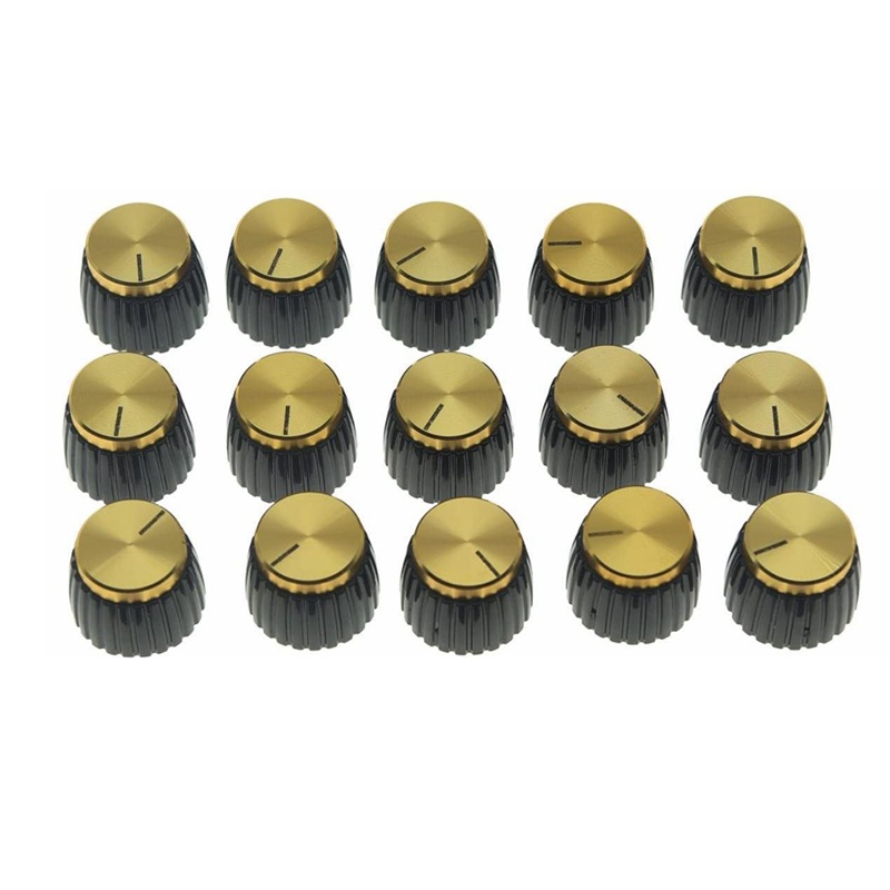 15Pcs Guitar AMP Amplifier Push on Fit Knobs Black with Gold Aluminum Cap Top Fits 6Mm Diameter Pots Marshall Amplifiers