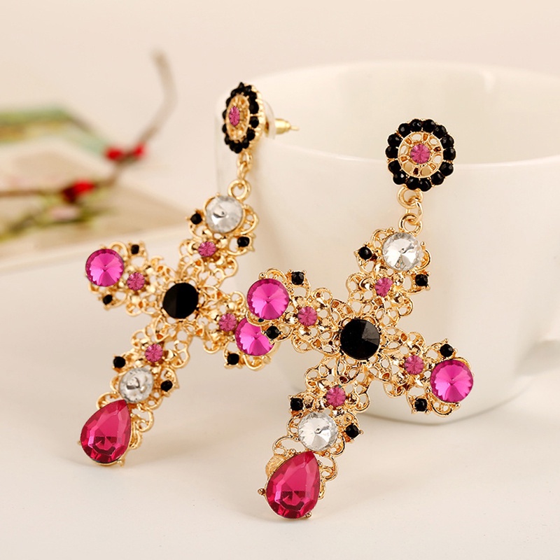 SIY  Elegant Cross Boho Women Lady Rhinestone Dangle Drop Rhinestone Ear Stud Earring