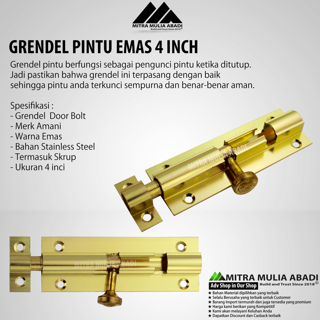 Slot Pintu Jendela Plat Tebal Grendel 4&quot; l Barrel Bolt- kuning