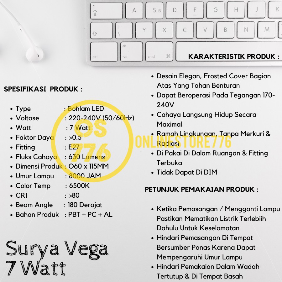 Lampu Surya Vega 7w Lampu LED 7 Watt Bohlam