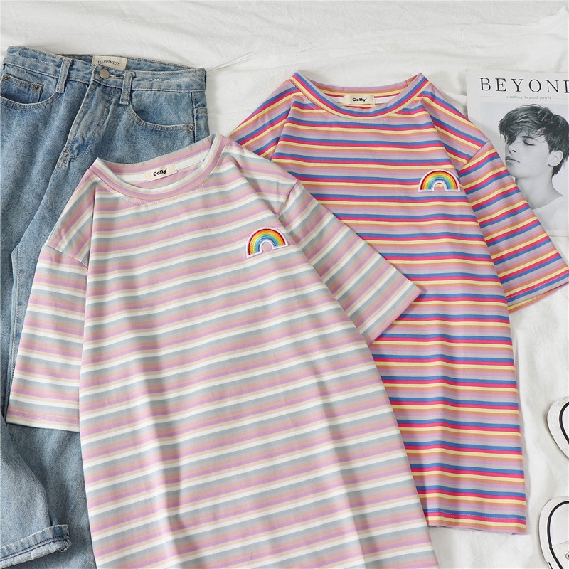 sweet rainbow stripe kasual lengan pendek kaos korea sweet rainbow stripe kasual lengan pendek kaos korea