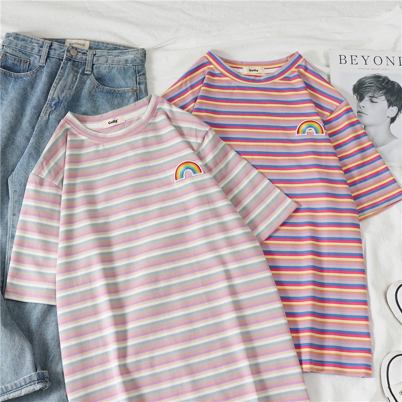 sweet rainbow  stripe kasual lengan pendek kaos  korea 