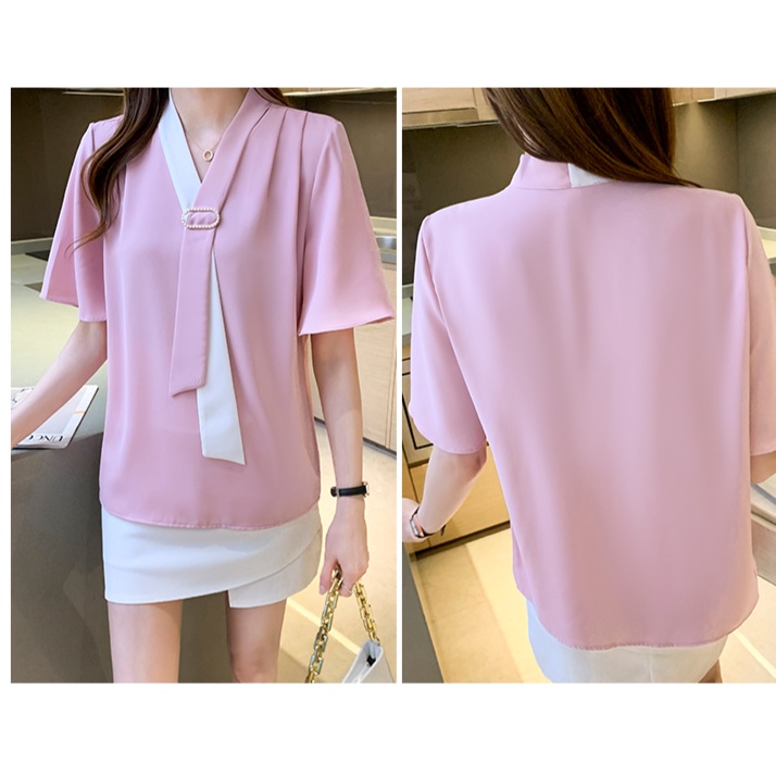 COD New 2022 Fashion Korean Summer Solid Pink Blue Green White Casual Work Short Sleeve Shirts Women Blouse Tops Blus Wanita Lengan Pendek