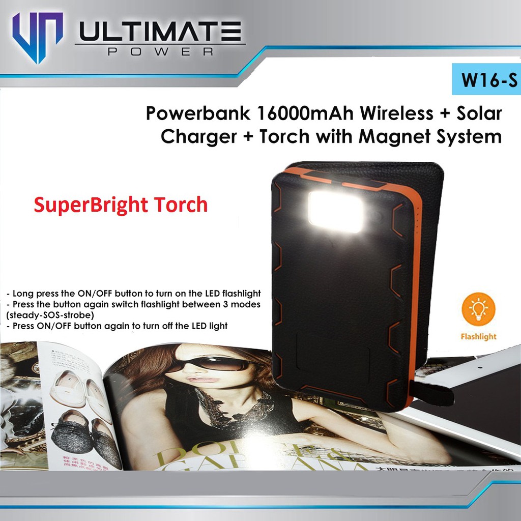 Power bank Solar 16000mAh Ultimate W16-S + Wireless + LED Torch 16000mAh Magnet System