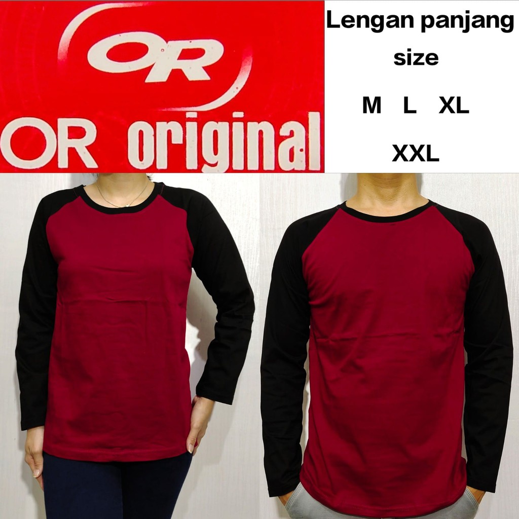 Kaos polos raglan merah maron lengan hitam panjang M L XL XXL