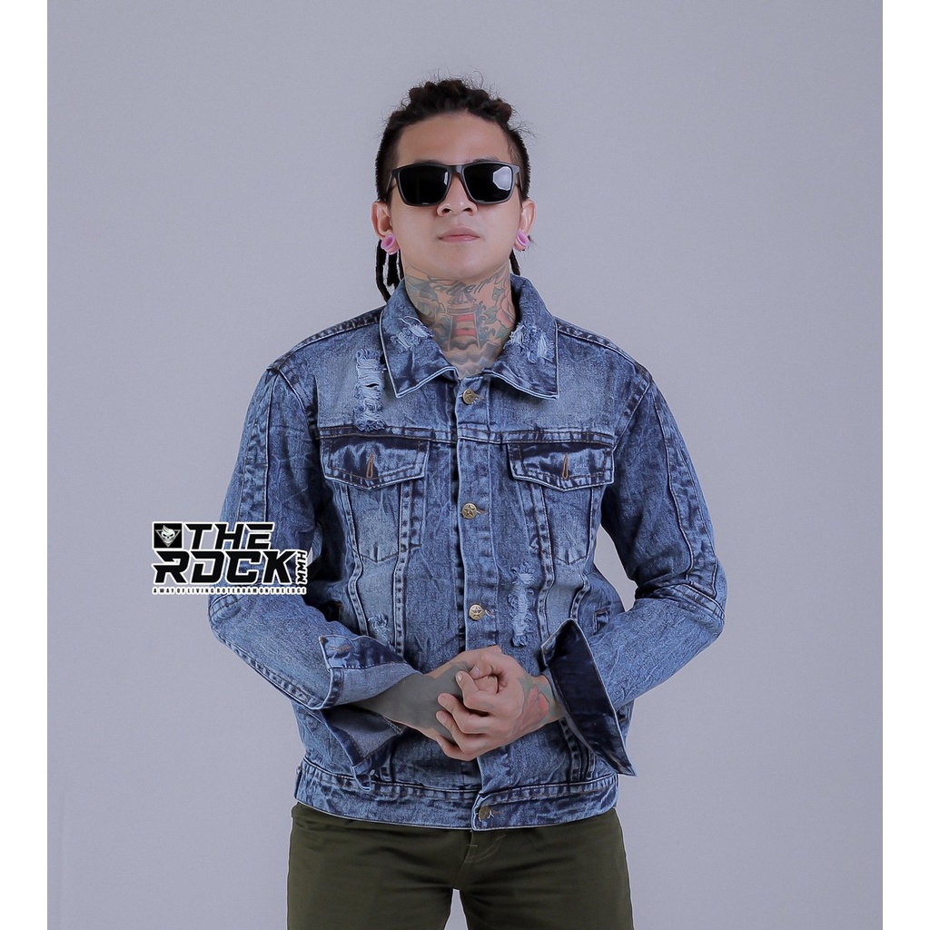 TURUN HARGA ! JAKET JEANS SOBEK RIPPED - JAKET JEANS SANDWASH EMBLEM THE RIDDICK- JAKET JEANS PRIA - JAKET DENIM