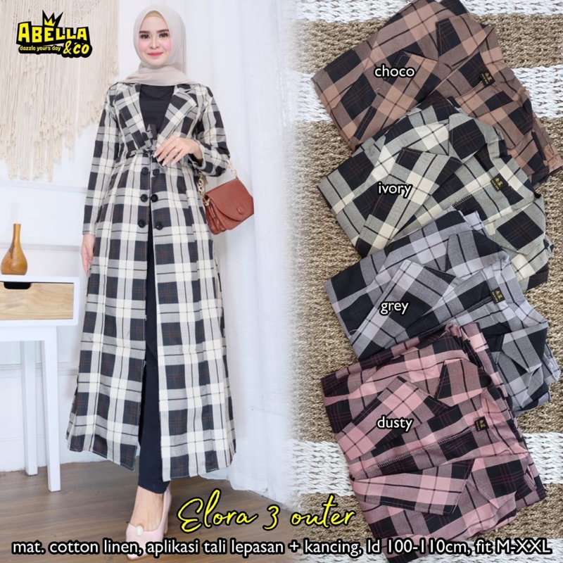 Elora Long Outer Katun Linen Motif Kotak Tali Pinggang