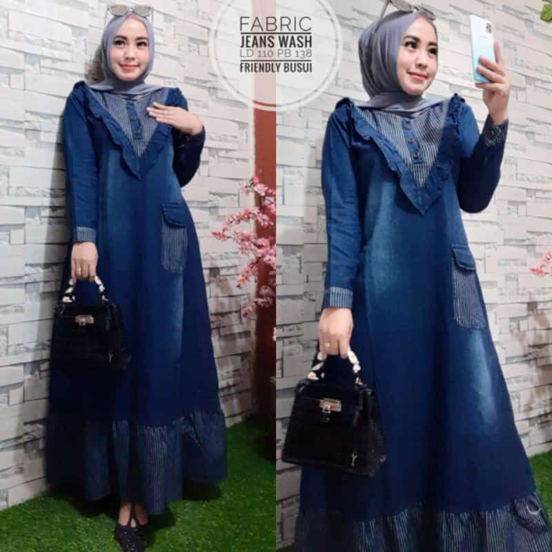 Gamis Long Dress Maxi Bahan Jeans Levis Model Terbaru Murah Diskon Kualitas Premium Bagus
