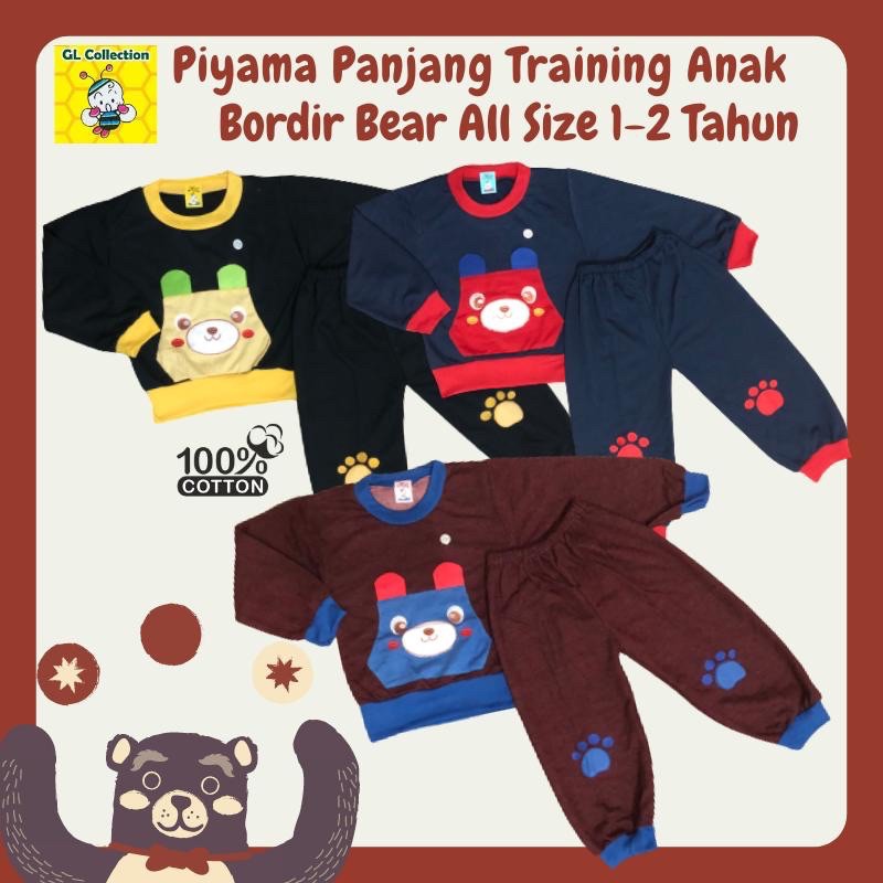 OBRAL! PIYAMA PANJANG ANAK TRAINING BORDIR BEAR ALL SIZE 1-2TAHUN