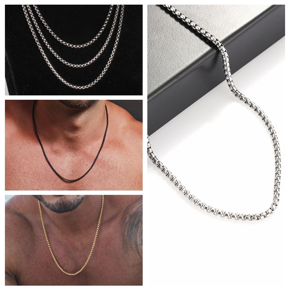 ROW Hot Box Chains Simple Square Beads Men Necklace 3mm Fashion Gold/ Black/ Silver Jewelry Gift Titanium Steel/Multicolor