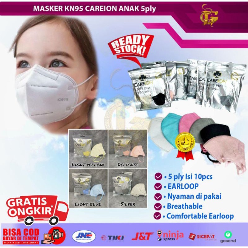 MASKER KN95 ANAK 5PLY/KN 95 CAREION PRO KIDS WARNA WARNI ISI 10PCS