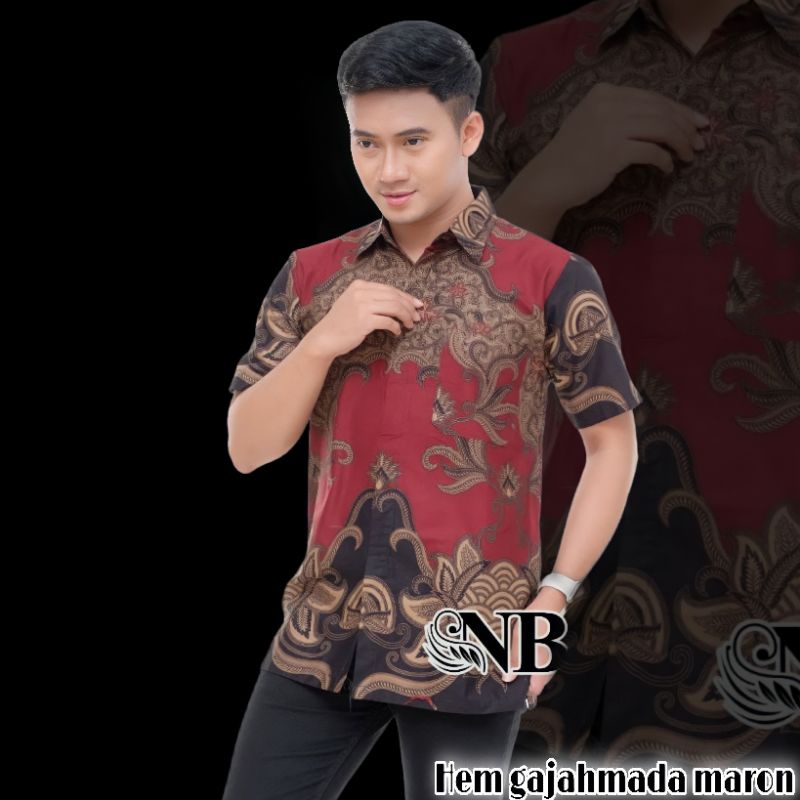 Batik Pria Lengan Pendek  BATIK MURAH HRB026 motif TERBARU 2021 Kode 002 size M L XL XXL BIG SIZE 3L 4L 5L 6L Reguler Fit-HEM GAJAHMADA MARON
