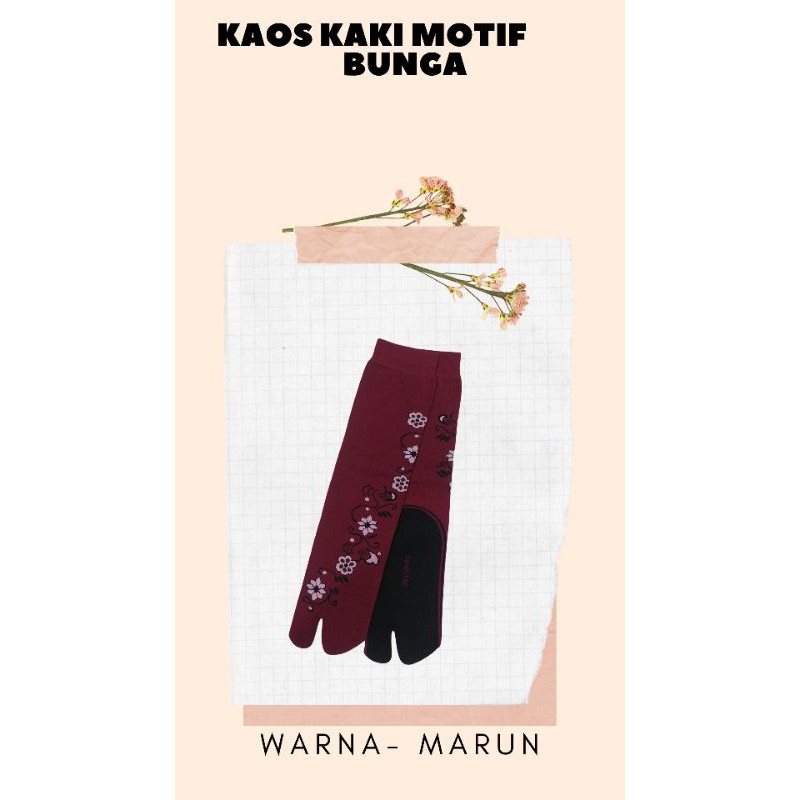 KAOS KAKI JEMPOL NYLON MOTIF BUNGA MUSLIMAH DEWASA TAPAK HITAM-Bunga Marun