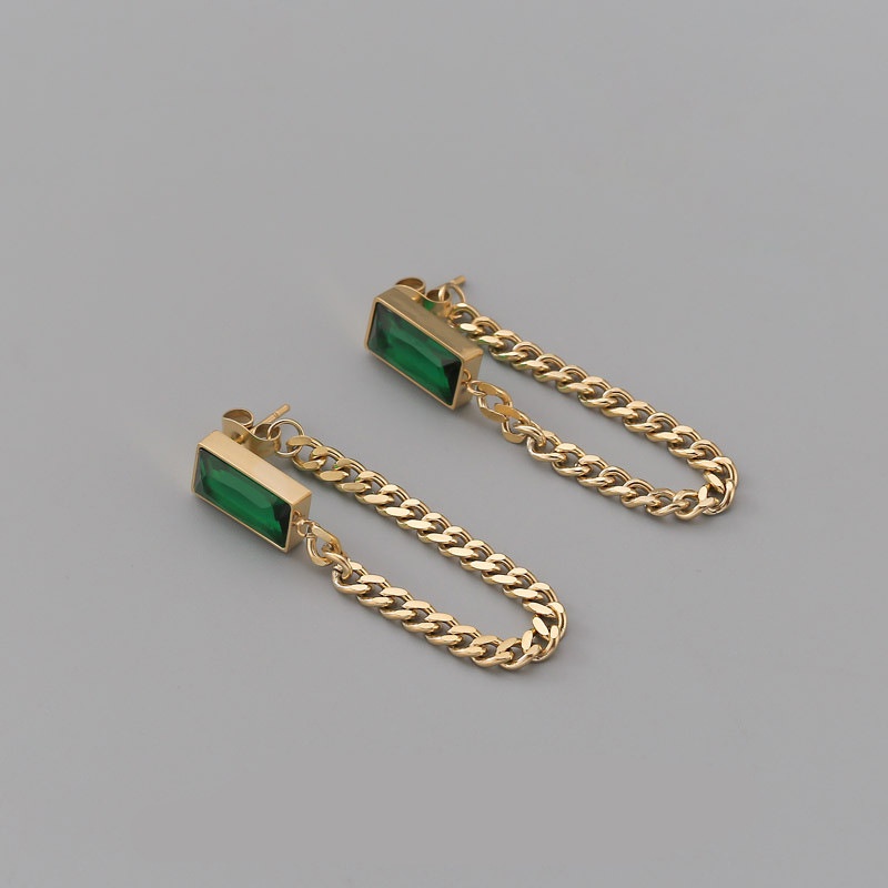 Anting stud rantai zircon hijau titanium anti karat