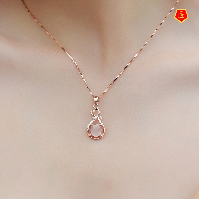 [Ready Stock]Korean Necklace Ross Quartz Pink Crystal Fashion Heart-Shaped Women's Pendant