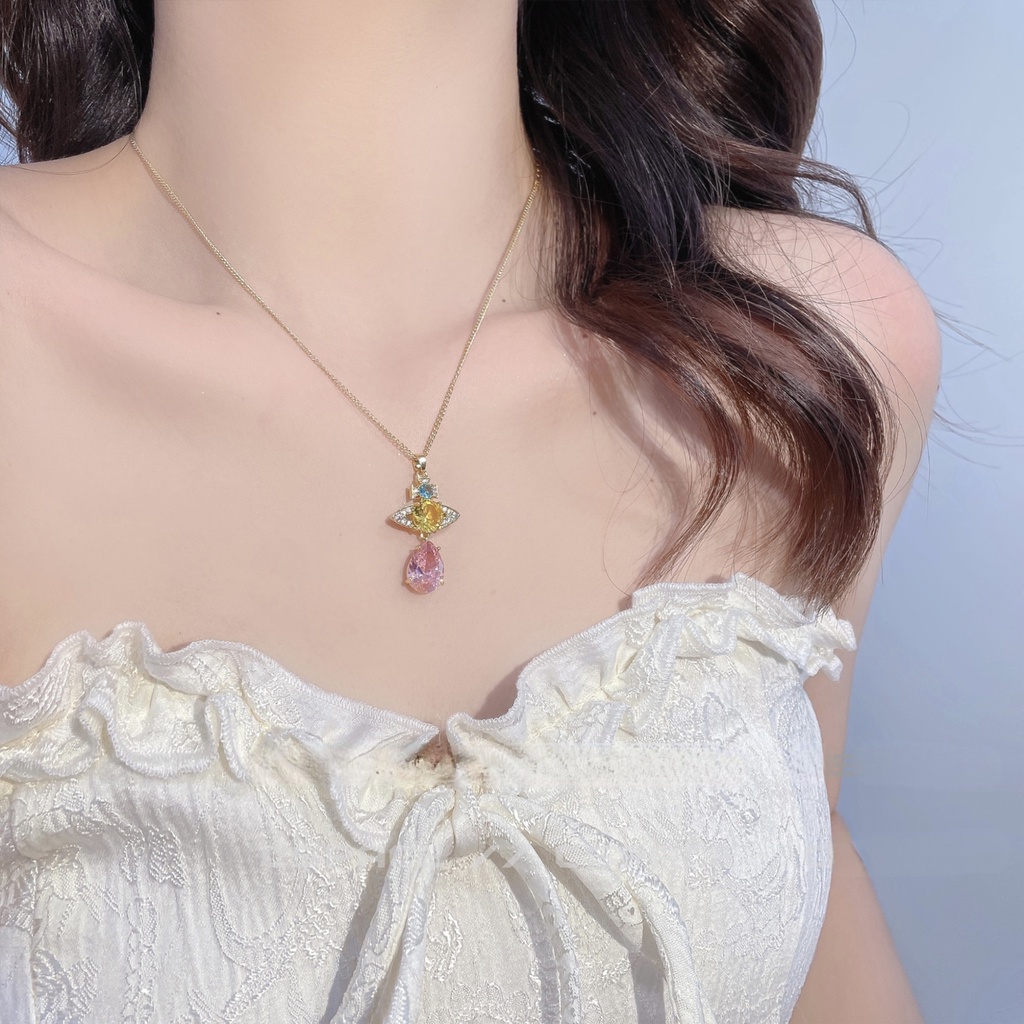 Kalung Rantai Klavikula Hias Liontin Planet Bumi Berlian Warna Pink