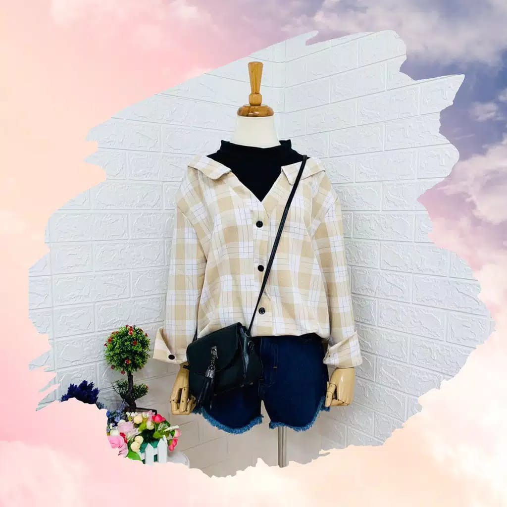 Tq88indonesia Kemeja Wanita lengan Panjang Terbaru / PASTELICIOUS COMBINE SHIRT / Kemeja Wanita Kombinasi Kekinian / Kemeja Katun Kotak / Ootd