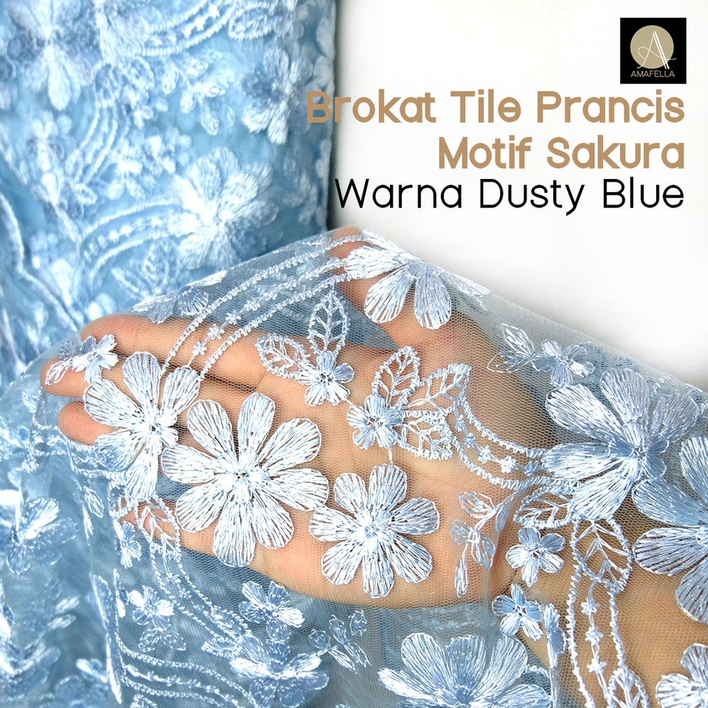 1/2 meter Kain Brokat Tile Prancis Bahan Kebaya Motif Sakura Dusty Blue