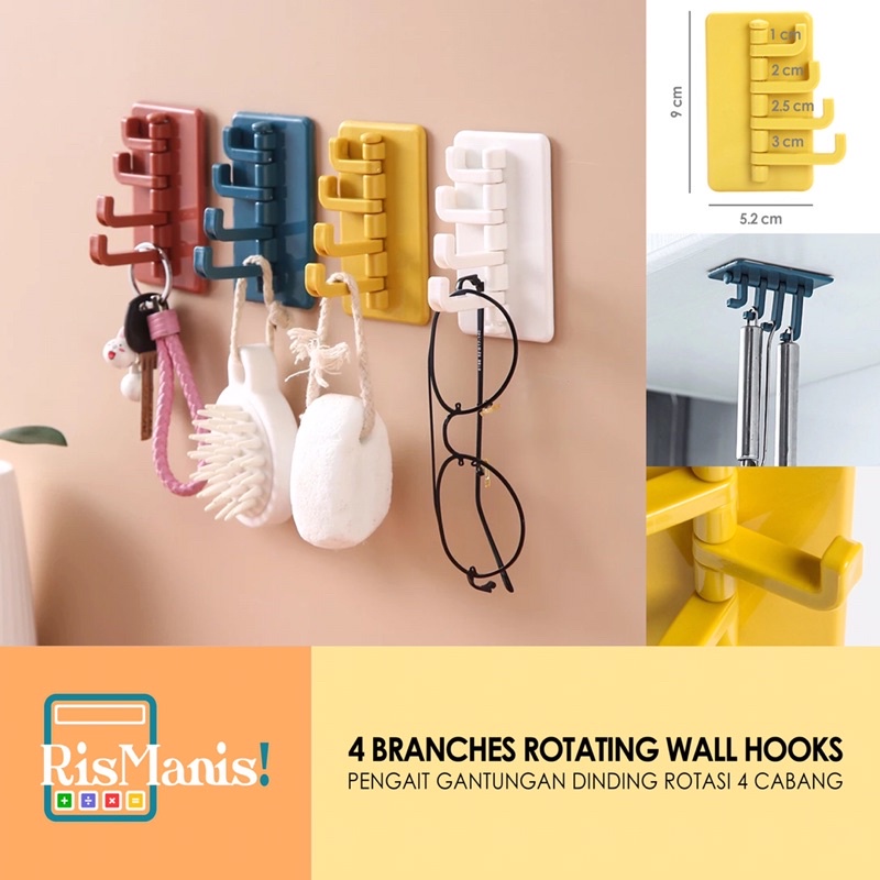 4 BRANCHES ROTATING WALL HOOKS - Pengait Gantungan Dinding Tempel Tembok Cantolan Rotasi 4 Cabang