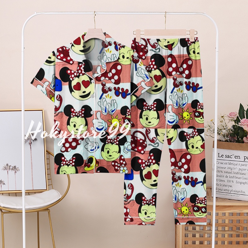 Hokystore99 - Piyama Wanita Dewasa Lengan Pendek Celana Panjang / Baju Tidur Wanita Dewasa (Part.1)-Minnie Pink