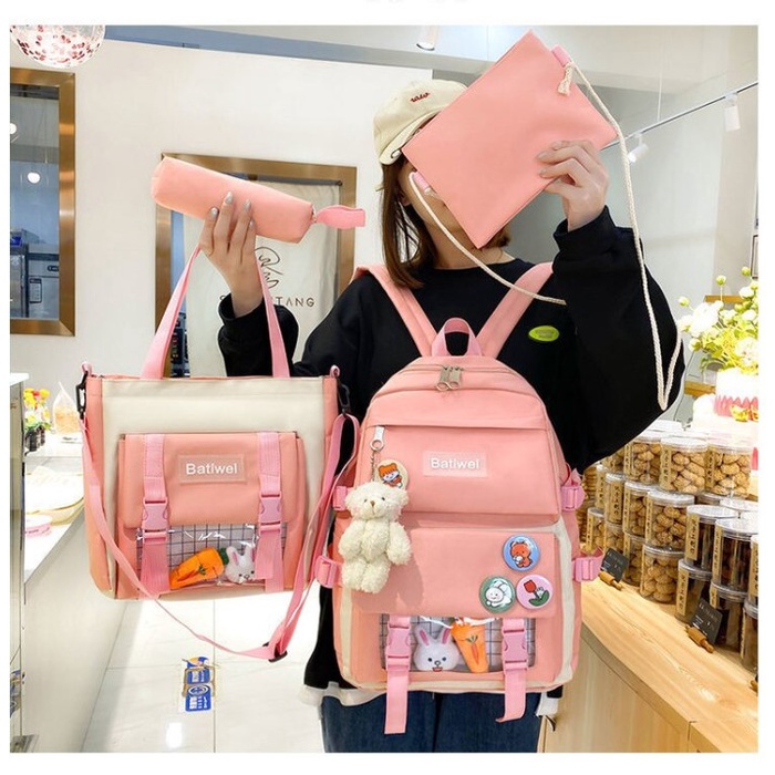 Set Tas 4 Casual Sekolah Tote Backpack Slingbag Pouch Dompet Wanita
