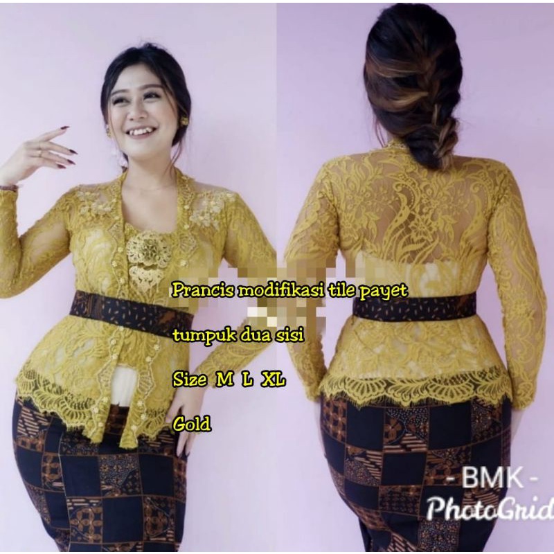 Kebaya Jadi Brokat Prancis Modifikasi Tile Dengan Payet Tumpuk Dua Sisi