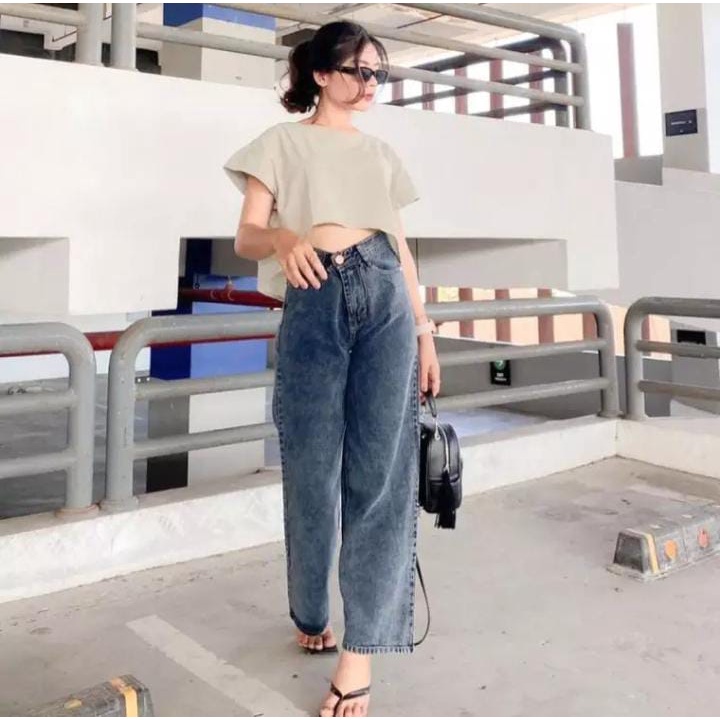 BEST SELLER!! CELANA JEANS WANITA KULOT SNOW BLACK LIPAT TERBARU KEKINIAN ALA KOREA CELANA JINS HIGH WAIST KEKINIAN TIKTOP SHOP IMPORT MURAH