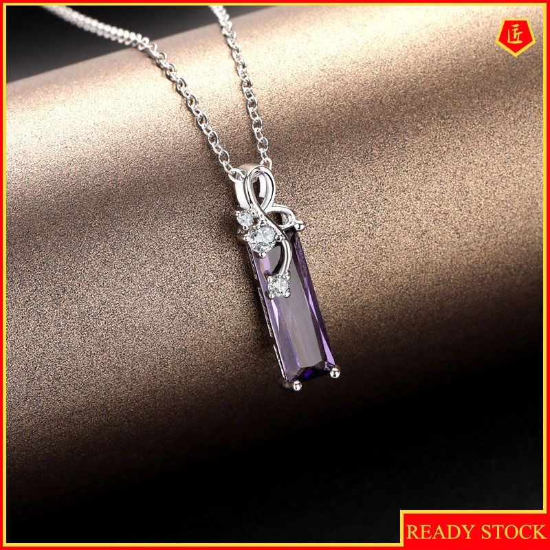 [Ready Stock]Fashion Plated S925 Sterling Silver Rectangle Amethyst Diamond-Studded Necklace