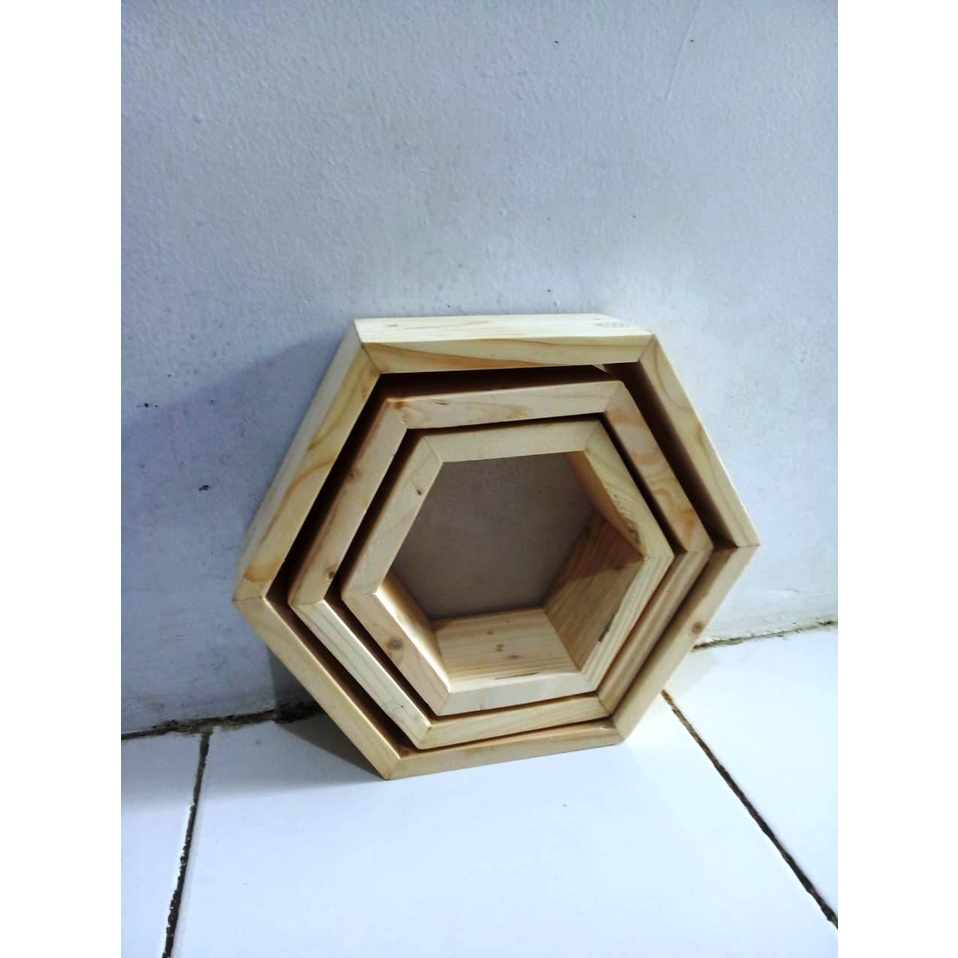 3 pcs Rak kayu hexagonal segi 6 nempel dinding