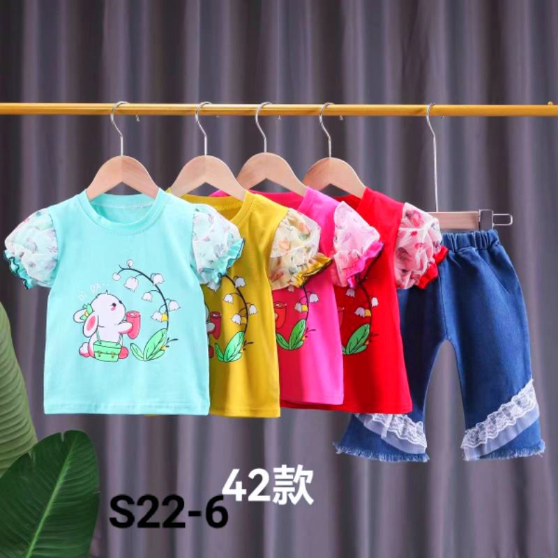 Setelan anak perempuan atasan jins cherry import 1-5 tahun/ Baju Setelan kaos celana Jeans cutbray anak cewek tanggung