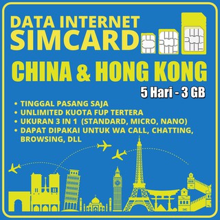 Jual Sim Card Hong Kong, China, Macau 3 Negara Unlimited Data- Fup 300Mb/  Hari (Kartu Perdana) Indonesia|Shopee Indonesia