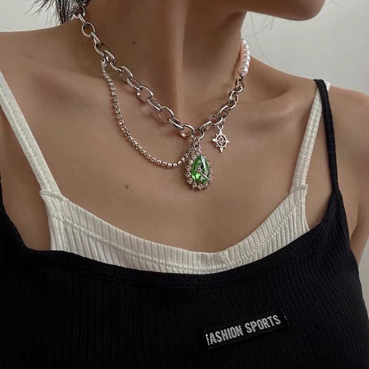 Green Rhinestone Pearl Necklace Accessories Hip Hop Clavicle Chain