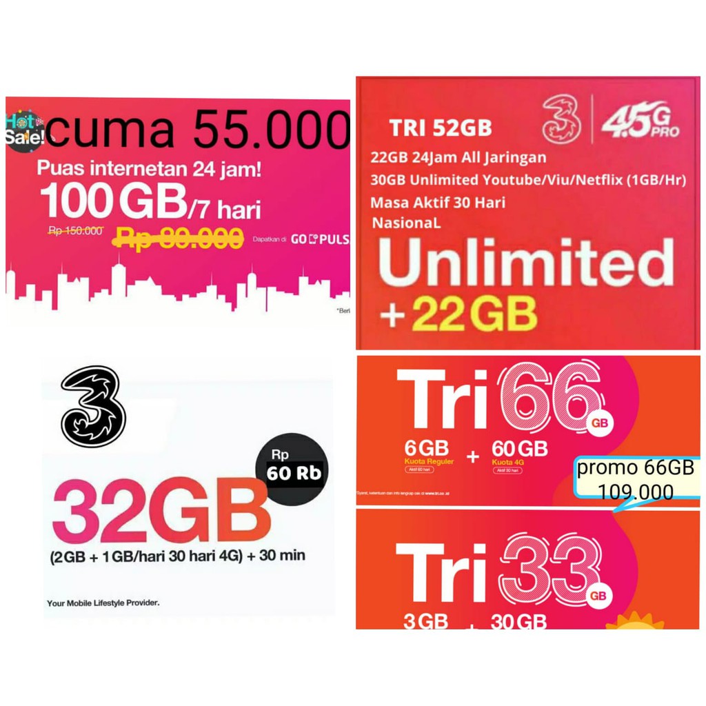 Kuota Tri Internet 3 Tri Aon Unlimited Lte 66gb Dan Lte 33gb Tri 32gb 22gb Aon Tembak Injek 50gb Shopee Indonesia