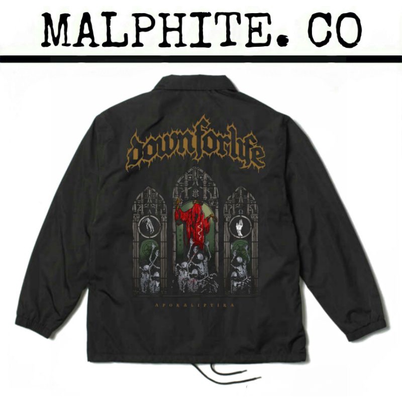 Coach Jacket Down For Life Apokaliptika Windbreaker Motif Logo Band Musik Lokal Merch Metal Punk Roc
