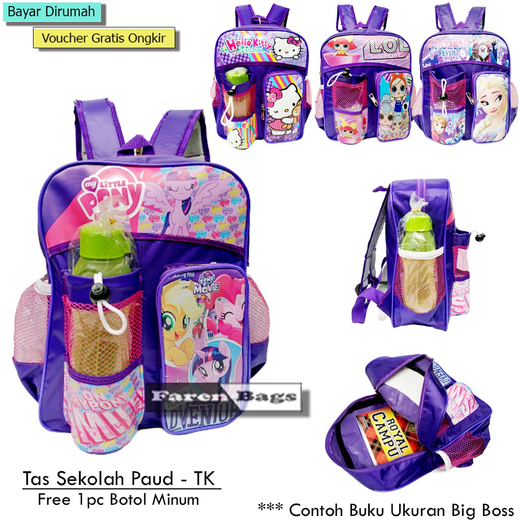 [Paket] Tas Sekolah Anak PG-TK (Tas+Botol Minum dan Set Alat tulis) Tas Sekolah Anak TK Cewek