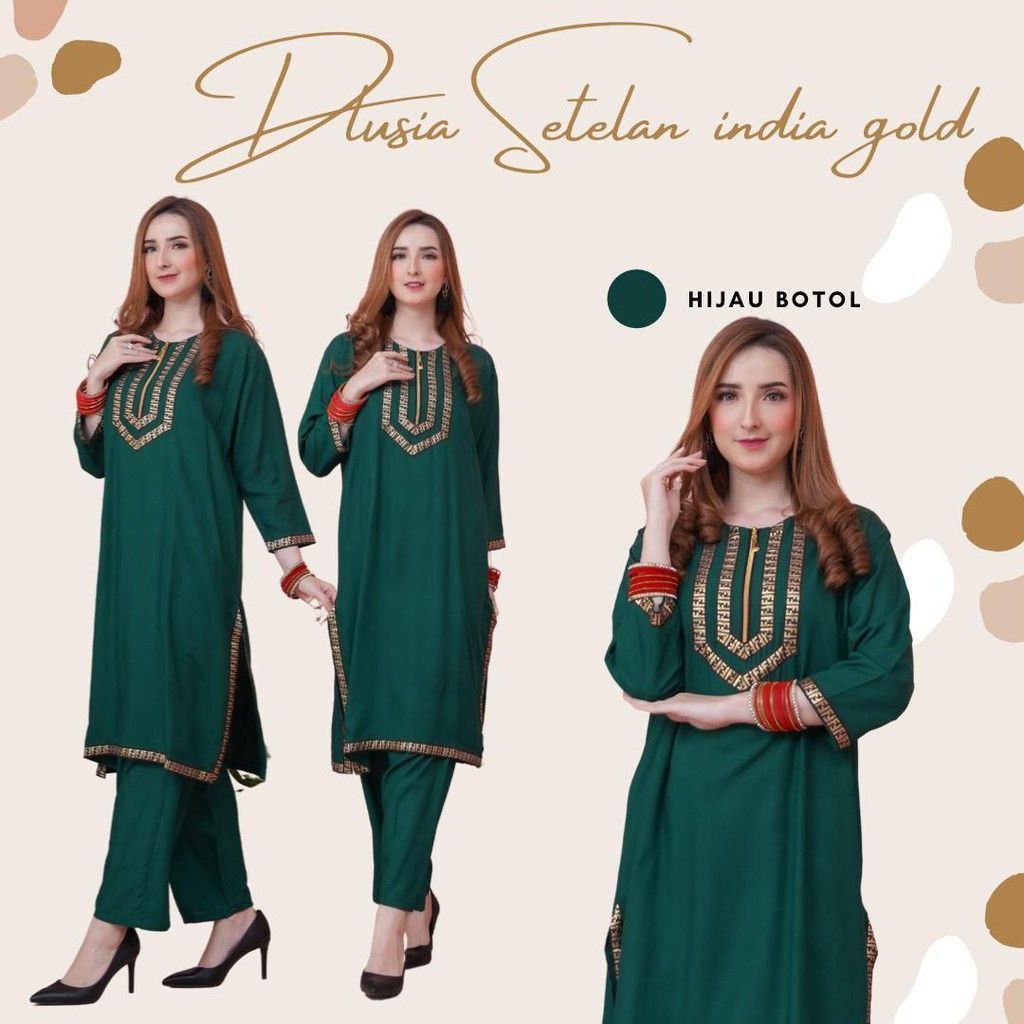 Dlusia India One Set Wanita Tunik Renda Jumbo Rayon Premium Setelan Wanita Lengan Pendek Set Baju Muslim Kekinian LD  125 cm