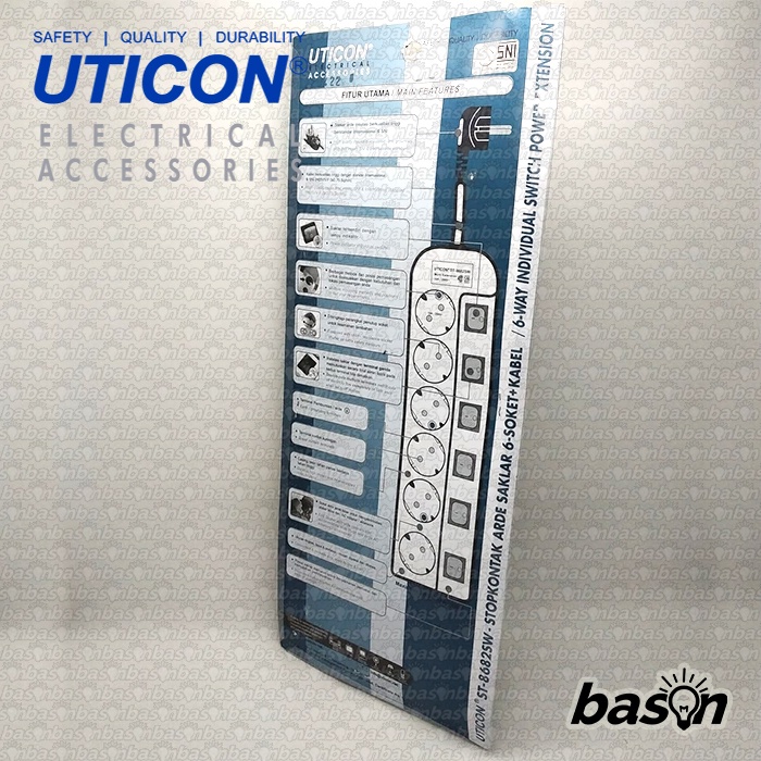 UTICON ST8682SW + 6 Lubang + Kabel 3 Meter - Stop Kontak + Saklar Individual