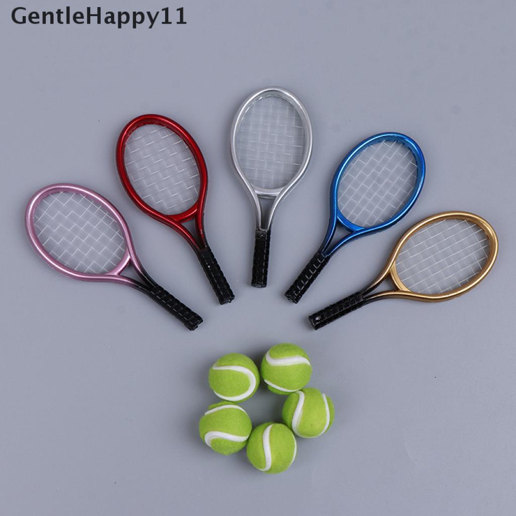 Gentlehappy 2Pcs Miniatur Raket Tenis + Bola Aksesoris Rumah Boneka 1: 6 1: 12