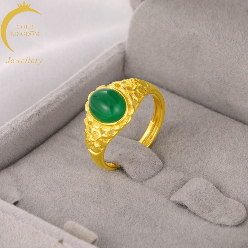 Cincin Emas Asli Kadar 375 Desain Bunga Melati Hijau Chalcedony 3D Untuk Wanita