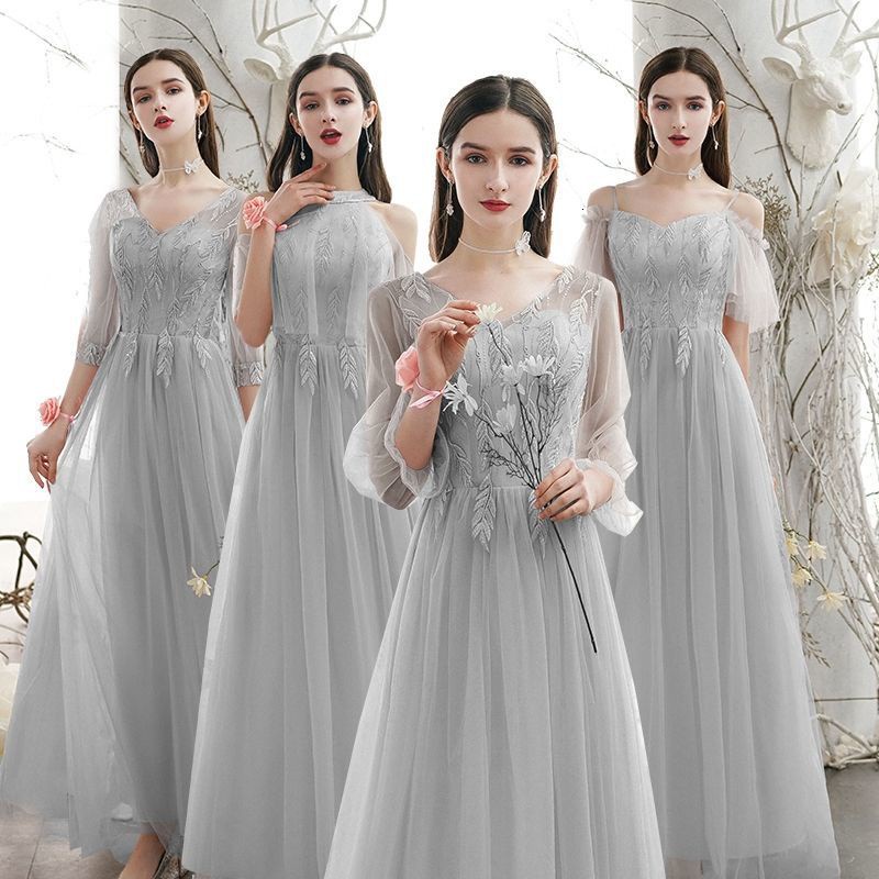 Bridesmaid dress new long sleeve grey fairy wedding dress in summer 2024
