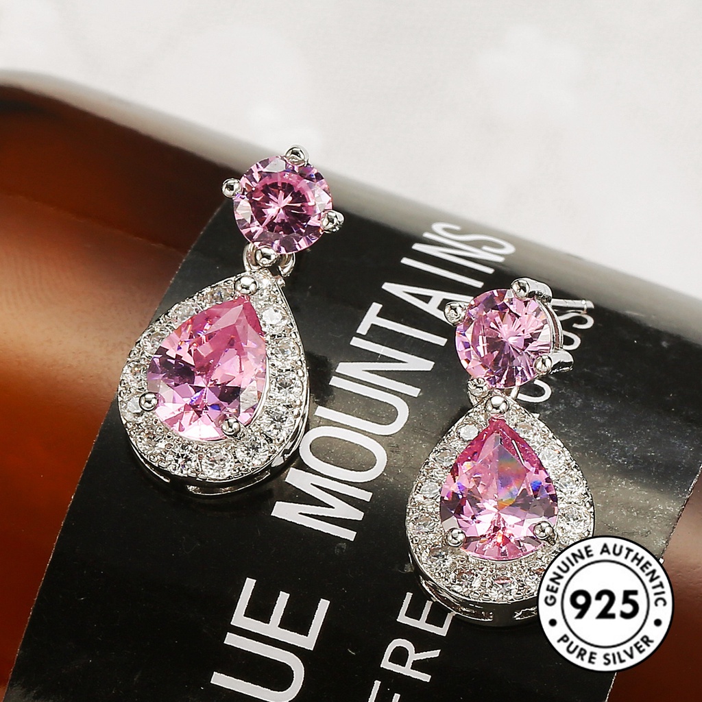 Anting Tusuk Sterling Silver 925 Desain Tetesan Air Hias Batu Permata Pink Elegan Untuk Wanita